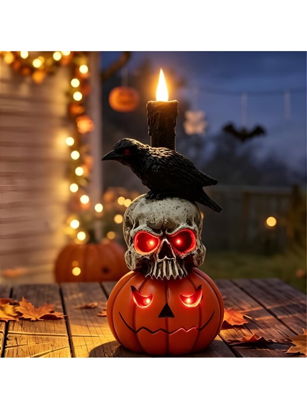 Halloween Pumpkin Skull Resin Statue 36.5in Gothic Crow Candle Decor